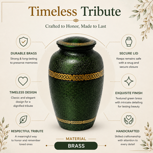 Urne funéraire en laiton vert pour cendres humaines, motif celtique doré, souvenir commémoratif pour adulte, récipient funéraire artisanal - Product Image 5