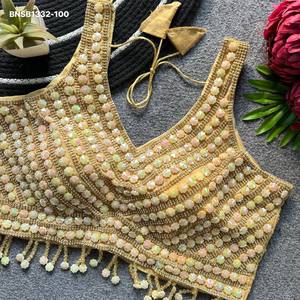Fashionable Beautiful Silk with Moti-<b>Beads</b> Crystal-Handwork Sleeveless Padded Back-Hook Blouse Collection Wholesale Supply - Product Image 2