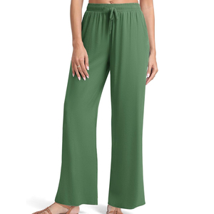 Pantalon large taille haute pour femme, vert uni, en coton tricoté et élasthanne, avec cordon de serrage, décontracté, ample, longueur totale, respirant, pour l'été - Product Image 2