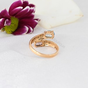 Anillo de compromiso de oro macizo de 14 quilates con tres piedras de aguamarina natural, morganita y diamante - Product Image 4