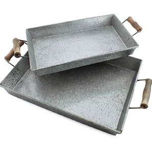 Bandeja Decorativa Rectangular de Metal con Asa de Madera, Estilo Industrial, Acabado Galvanizado, Juego de 2 Piezas - Product Image 1