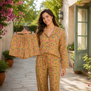 Conjunto de pijama de algodón estampado floral hecho a mano en India para mujer, ropa de dormir tejida, traje de descanso con cintura con cordón. - Product Image 1