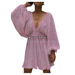 Nuevo Vestido Corto Sexy para Mujer, Estilo Club, Cuello en V Profundo, Corte Lantern, Tela de Algodón, Cintura Natural - Product Image 3