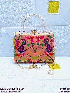 Luxury Floral Printed Silk <b>Clutch</b> Bag with Metal Handle & Chain | Designer Ethnic Evening Handbag for Women | <b>Wedding</b> & Party - Product Image 3