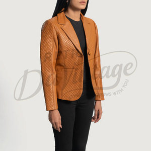 Premium Women Tan Real Leather Blazer <b>Quilted</b> Diamond <b>Pattern</b> Slim Fit Soft Sheepskin Business Casual Leather <b>Jacket</b> Coat - Product Image 3