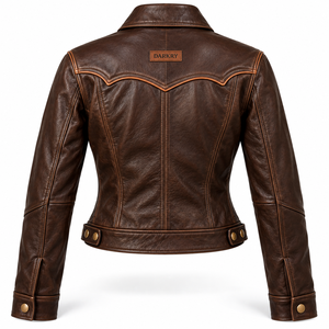 Custom Womens Brown Vintage Western Genuine Leather Jacket Distressed Biker Outerwear Slim Fit OEM Snap <b>Button</b> <b>Coat</b> Retro - Product Image 2
