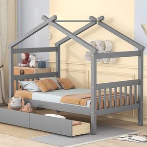 Twin Size Wooden <b>House</b> <b>Bed</b> with Drawers Gray for Kids - Product Image 3