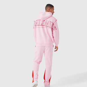 <b>Pink</b> Men's Hooded <b>Tracksuit</b> Full Length Solid 100% Cotton Lightweight Streetwear Sweatpants with Side Pockets Elastic Waist - Product Image 4