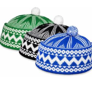 Ensemble de 3 bonnets Kufi pour hommes, bonnets musulmans tricotés, bonnets de prière Taqiyah ajustables, bleu-noir-vert Topi - Product Image 4