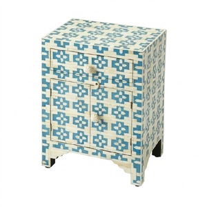 Wholesale <b>Blue</b> Geometric Bone Inlay <b>Bedside</b> <b>Table</b> 1 Drawer 2 Doors Cabinet Handmade Moroccan Style Wooden Nightstand Factory - Product Image 1