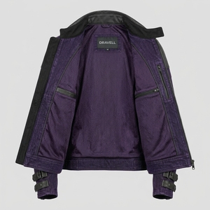 Blouson de moto en jean violet pour homme, style vintage avec empiècements en cuir, col montant, fermeture éclair asymétrique, veste de motard - Product Image 5