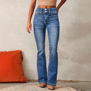 Jeans en denim pour femme, taille mi-haute, coupe large, longueur intégrale, délavage moyen, couleur unie, style décontracté, respirant, pour le printemps - Product Image 5