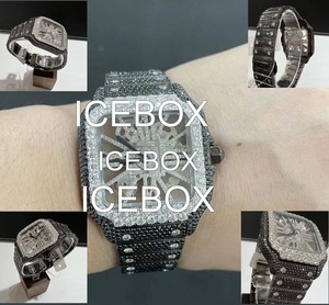 Montre-bracelet unisexe carrée en acier inoxydable avec cadran en verre moissanite, bracelet entièrement serti de diamants, fermoir, résistance à l'eau 10 bars - Product Image 5