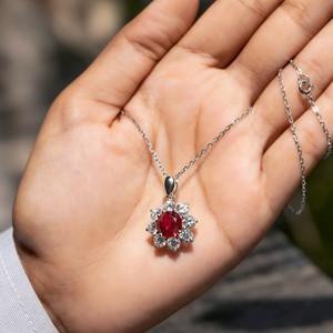 <b>Ruby</b> Flower Pendant <b>Necklace</b> with Diamond Accents 925 Silver Classic Womens Fine Jewelry for Anniversary Wedding Gift - Product Image 6