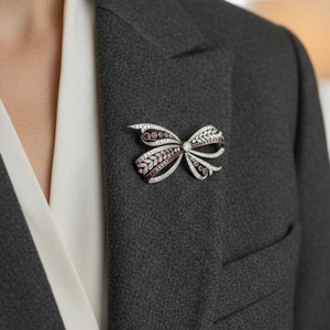 Broche de Lazo Vintage con Diamantes y Rubíes, Chapado en Oro Blanco de 14K, Certificado, Joyería de Regalo para Novia, Boda, Diseño Único para Mujer, Plata 925 - Product Image 3