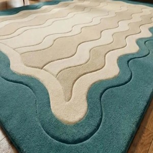Tapis de luxe bleu sarcelle et crème, moderne, tufté à la main, motif vague, en laine, pour salon et chambre, tapis décoratif contemporain - Product Image 3