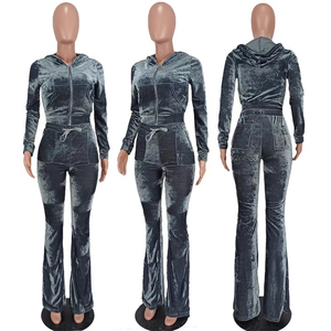 Velvet Eco-Friendly Solid Hooded Tracksuit Set Printed Crop Top Jogger Pants <b>Women</b> 2-in-1 Summer Casual Streetwear - Product Image 1