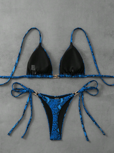 Ensemble bikini imprimé léopard bleu pour femme, haut dos nu, bas à nouer sur les côtés, maillot de bain deux pièces en Spandex et Polyester, coupe extensible - Product Image 4