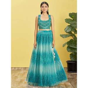 Impresionantes vestidos de recepción de organza bordados en azul Lehenga Choli - Product Image 5