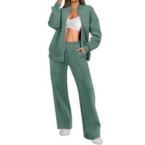 Wholesale Factory Direct Women's Casual 2 Piece Outfits Oversized Fleece Sweatsuit <b>Zip</b> Long Sleeve Sweatshirt Wide Leg - Product Image 1