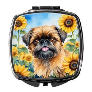 Espejo de maquillaje compacto de viaje para mujeres y niñas, Griffon de Bruselas, girasoles, decorativo, plegable, espejo de bolsillo de mano, regalo - Product Image 1