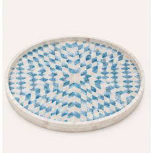 Round Bone Inlay Serving Tray Geometric Blue and White Mother of Pearl <b>Mosaic</b> Decorative Tray Wholesale Coffee Table Centerpiece - Product Image 3