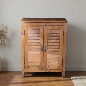 Armoire de rangement en bois indien rustique vintage faite à la main avec deux portes à battants et poignées métalliques antiques pour la cuisine et le salon - Product Image 4