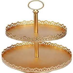 Support à dessert doré à 2 niveaux, orné d'un fin bord festonné en dentelle et d'une poignée circulaire, disponible à prix de gros. - Product Image 1