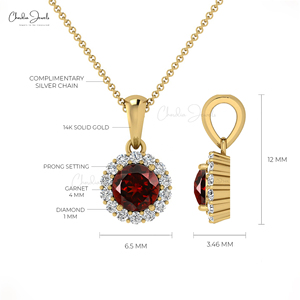 Pendentif en grenat du Mozambique, pierre précieuse ronde de 4 mm, avec collier en or massif 14 carats et diamants, fournisseur en gros d'Inde - Product Image 4