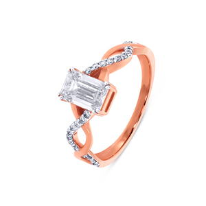 Bague solitaire en or rose 18 carats, luxe, diamant taille émeraude, torsion infini, pour femme - Product Image 1