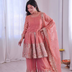 Presenting New Premium Quality with Embroidery Sequence Worked <b>Top</b> Plazzo and Dupatta Set Fully Stitched Ready To Wear at Bulk - Product Image 1