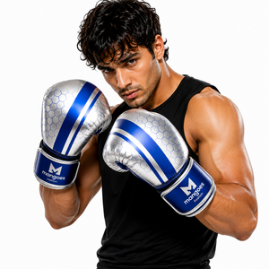 Guantes de Boxeo Profesionales ODM OEM de Cuero PU Premium Azul/Plateado con Palma Transpirable y Cierre Personalizado, Logotipo Personalizable - Product Image 5