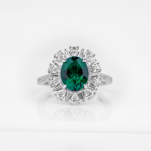 Luxury Womens 18K Solid <b>Gold</b> Emerald Cut <b>Cocktail</b> <b>Ring</b> Diamond Baguette Flower Halo Statement Fine Jewelry Gift for Her - Product Image 1