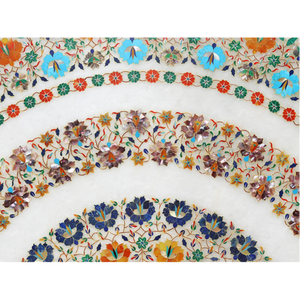 Handcrafted White Marble Inlay Round <b>Table</b> Top with Floral Pietra Dura Design for <b>Coffee</b> & Dining <b>Table</b> - Product Image 3