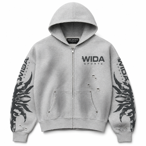 Custom 400 GSM Grey Enzyme Washed Full Zip Distressed Streetwear Hoodie With Screen Printed Sleeve Graphics - Product Image 1