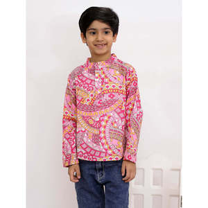 เสื้อคุรตาผ้าฝ้ายสำหรับเด็กผู้ชาย แขนยาว พิมพ์ลายทั้งตัว สีชมพู สำหรับใส่พักผ่อน - Product Image 1