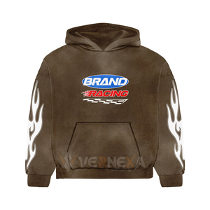 En gros, Meilleures ventes : Survêtement à capuche classique en coton noir, style sportif, avec impression sérigraphiée motif flamme, effet délavé à l'acide et effet soleil. - Product Image 3