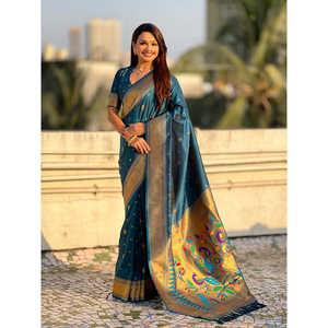 Chal de Sari Étnico Tejido con Zari Paithani Azul Denim con Diseño Indio Único - Product Image 6