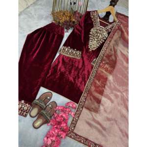 Designer Women's Set Heavy Pure <b>Viscose</b> Velvet <b>Top</b> Bottom & Dupatta for Party Wear - Product Image 2