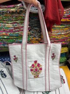 Cotton White Handblock Print Bohemian Style Indian Big Size Tote Bag From Rajasthan - Product Image 4