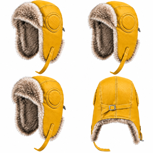 Gorro de esquí de invierno de cuero amarillo con forro de piel sintética, gorro cálido a prueba de viento con protección para los oídos para adultos, uso en exteriores - Product Image 1