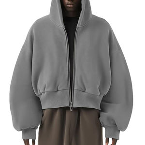 Sudadera con capucha de invierno informal holgada estilo streetwear para hombre, con hombros caídos, corte cuadrado, con cremallera, de algodón 100% de 400 g/m², pesada, estampada o lisa. - Product Image 4