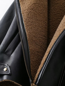 Chaqueta bomber de piel sintética negra para mujer con cuello y puños con ribete de piel, abrigo corto de invierno a prueba de viento, manga larga - Product Image 3