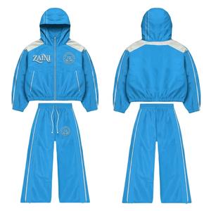 Conjunto de Chaqueta Cortavientos de Poliéster Taslon Premium de 320 GSM, Ligero, con Paneles Azules y Blancos, Logotipo Bordado Personalizado - Product Image 1