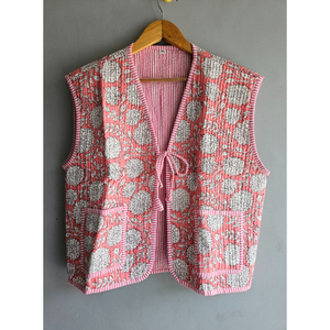Women's Handmade <b>Floral</b> Quilted Cotton <b>Waistcoat</b> Open Front V-neck Short Jacket Streetwear Outerwear gift for her - Product Image 1