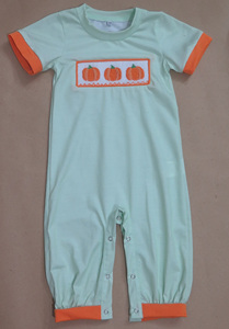 Pumpkin hand Smocked Top & Bloomer Shorts Set, <b>Mint</b> Green Fall 2-Piece Toddler Girl Outfit - Product Image 3