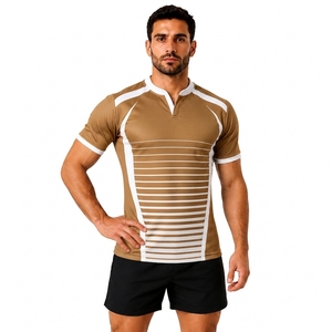 Maillot de rugby rayé marron pour homme, manches courtes, col en V, tissu respirant, coupe ajustée, vêtements de sport toutes saisons - Product Image 1