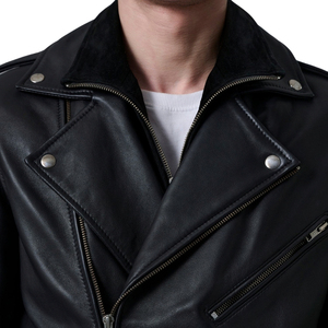 Veste de moto en cuir véritable noir pour homme, col rabattu, fermeture éclair, veste de motard - Product Image 6