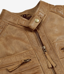 Veste moto en cuir véritable marron pour homme, col montant, fermeture éclair, coupe classique, pour l'automne - Product Image 4