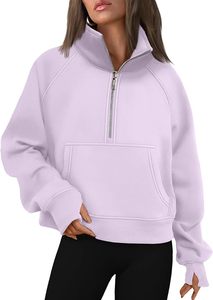 Sweat-shirt à col zippé pour femme, coupe oversize, en polaire lavande, lilas et violet, avec col demi-zippé et poche kangourou - Product Image 6